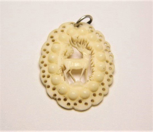 Antique Micro Carved Scottish Deer Hunt Necklace Pendan: Very small incised antler carving. Nothing broken or missing. Has loop for necklace chain.