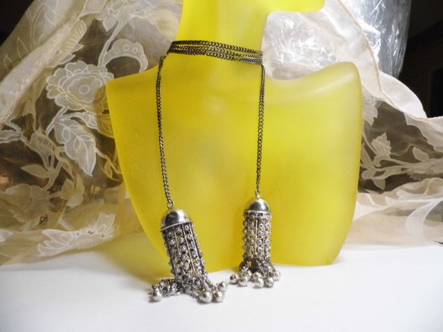 Vintage Silver Filigree Turkic Tassel Tie Necklace: Forty inches long. A tassel element on each end. Soft pure silver element. Unknown origin.