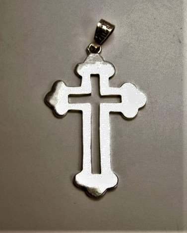 Large Vintage Budded or Trefoil Cross Necklace Pendant: Heavy incise cut sterling silver pendant. Large bail with sterling silver, origin and maker marks.