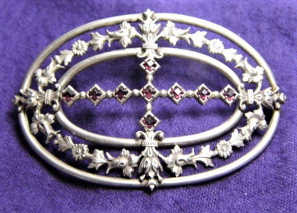 Pretty British Antique Silver Sash Brooch: Genuine small cut amethyst stones. Brooch in perfect wearable condition. No marks.