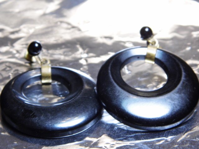 Pair Vintage Black Bakelite Earrings: Large disk form. Total drop about 1 1/2 inches.