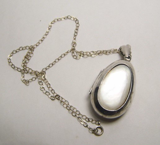 Vintage Ovoid Mother of Pearl Sterling Locket Necklace (1 of 7)