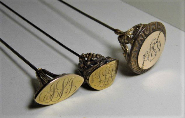 Three Fine Gold Plated Victorian Calligraphy Hatpins (1 of 7)