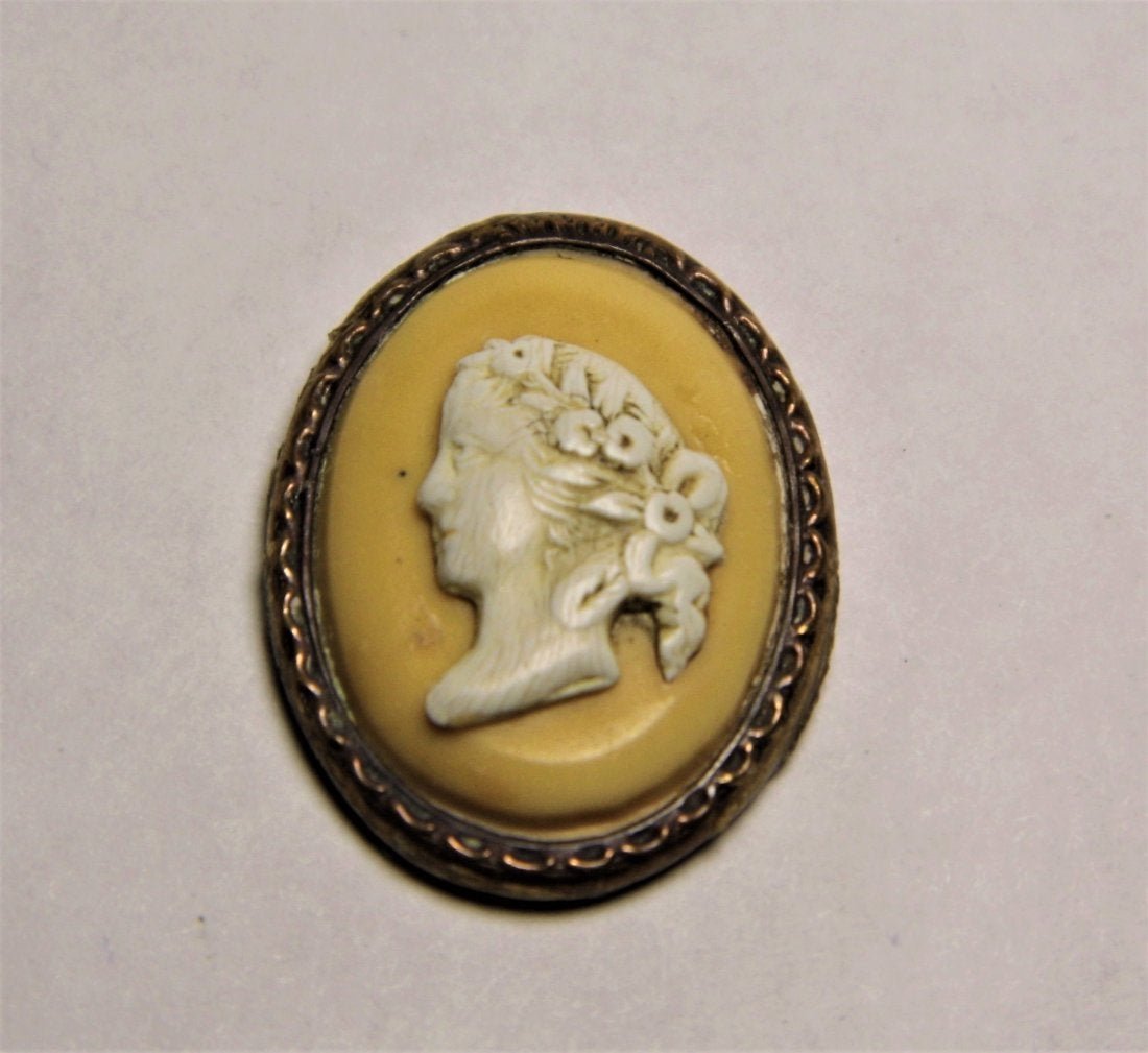 Unusual Attractive Antique Cameo Medallion: Odd but beautiful egg yolk beveled background. Ivory color cameo.