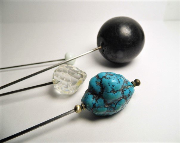 Four Big Antique Hat Pins Turquoise Glass Crystal (1 of 7)