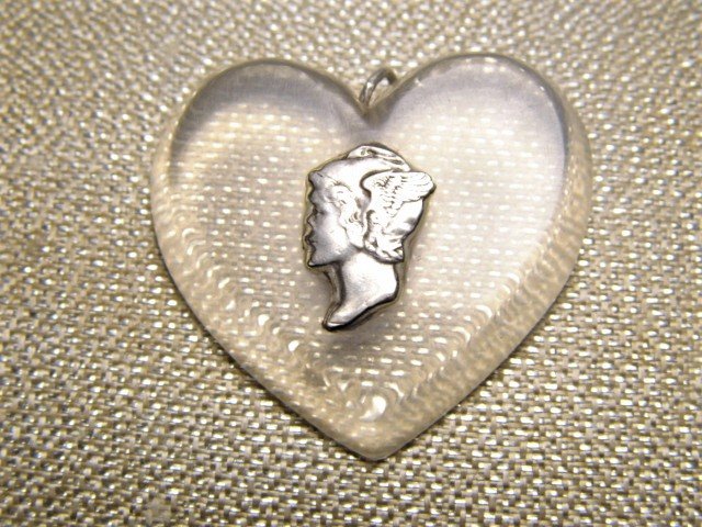Vintage Lucite Heart Necklace Pendant Mercury: Unique custom acrylic jewelry piece. Has loop for bail and chain.