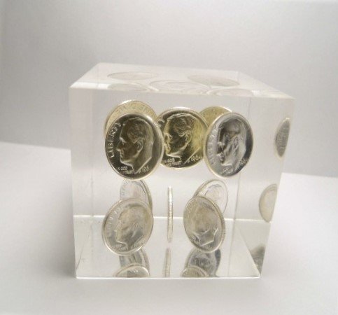 Mid Century Lucite Paperweight 1964 Uncirculated Dimes (1 of 4)