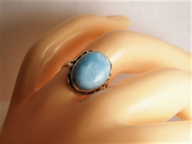 Vintage Silver Ring Larimar Stone Cabochon sz 6 1/2 (1 of 5)