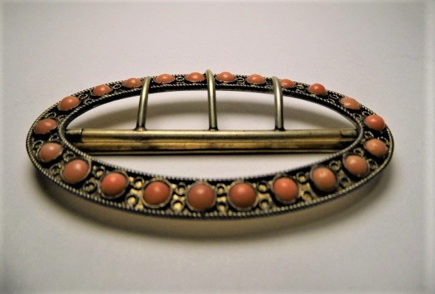 Antique Edwardian Sash Buckle Brooch Coral Accents (1 of 6)
