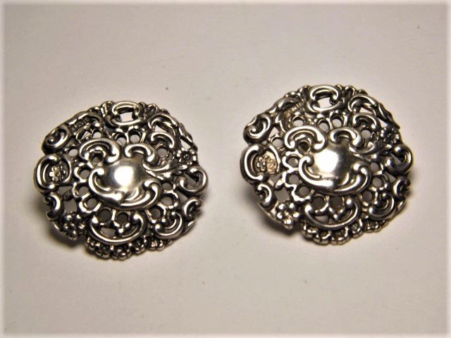 Pair Antique French Rocaille Silver Earrings: Finely crafted French rococo buttons converted to earrings. New replacement comfortable backs.