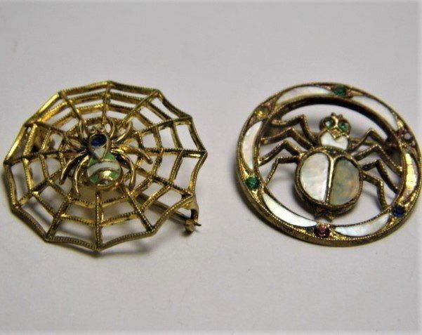 Pair Vintage Spider & Web Enamel Mother of Pearl Pins (1 of 6)