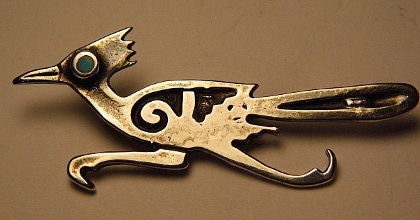 Iconic Southwestern Silver Turquoise Roadrunner Brooch: Heavy sand cast piece with much character. No marks.