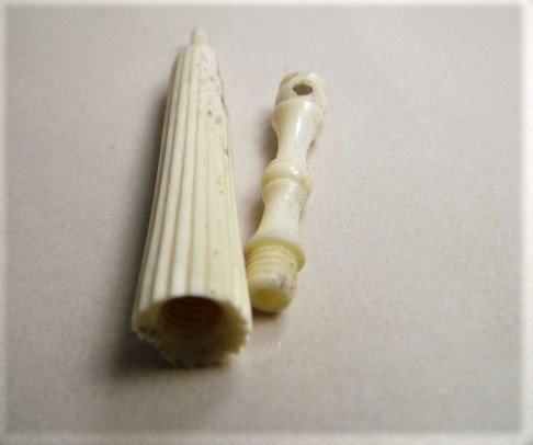 Antique Carved Necklace Pendant Needle Case Parasol: Cute Victorian era element. Has some scuffs. Still threads shut well.