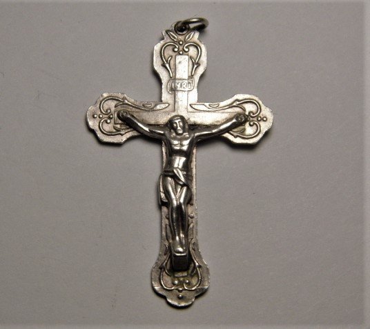 Antique Sand Cas Silver INRI Cross Mexico Silver Robles: Mission style cross. Sand Cast. Marked silver, Mexico and Robles.