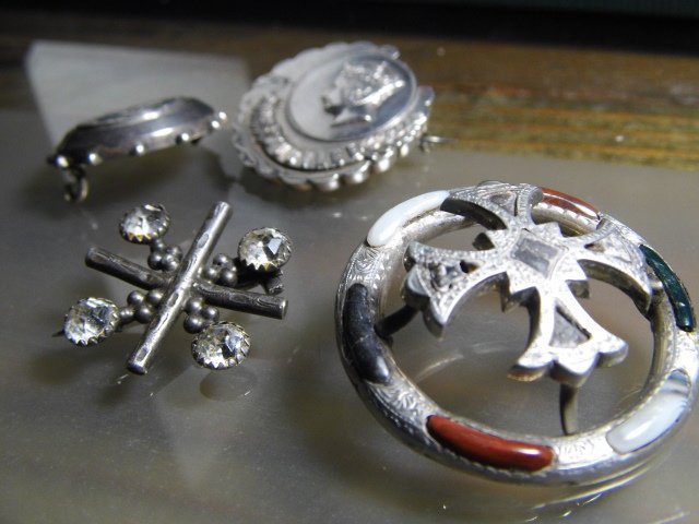 Four Antique British Silver Brooch Elements: Four items for restoration or repurpose.