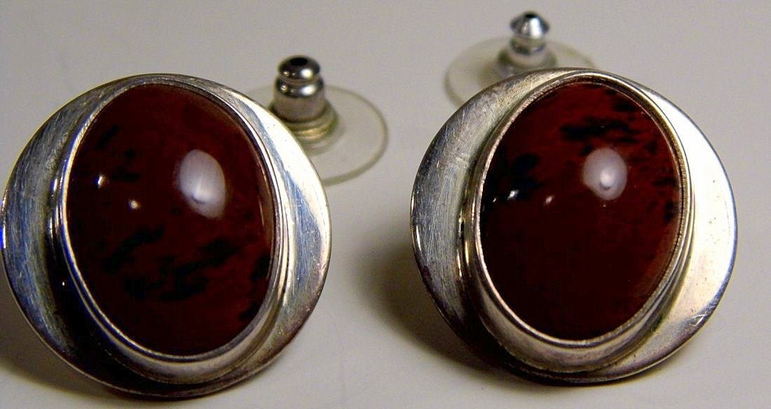 Beautiful Sterling Silver & Blood Jasper Stone Earrings: Marked for sterling silver and Mexico. New sterling silver backs.