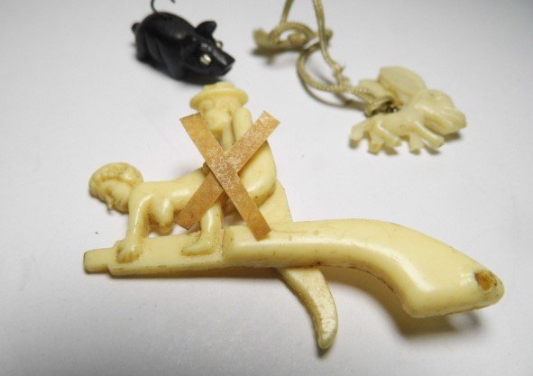 Three Vintage Plastic Novelty Charms Turn Your Head: Don't look. Ca 1950's charms. Pig has rhinestone eyes. Warning: One of these items has no redeeming social value..per 1957 US Supreme Court definition of pornography.