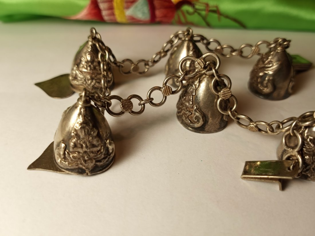 Antique Arabesque Sterling Silver Bells Bracelet: Marked sterling, 8 inches. Perhaps Turkish.