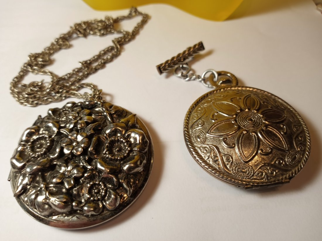 Pair Large Lockets Lavalier and Necklace: Both new old stock. Never used.