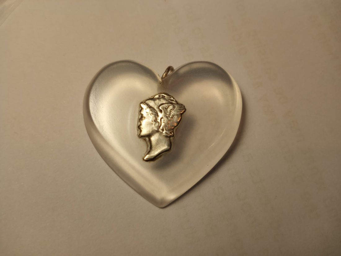 Pretty Custom Vintage Lucite Heart Necklace Pendant: Has a genuine silver excised Mercury face from coin. Someone's classy creation. Mercury flew too close to the Sun.