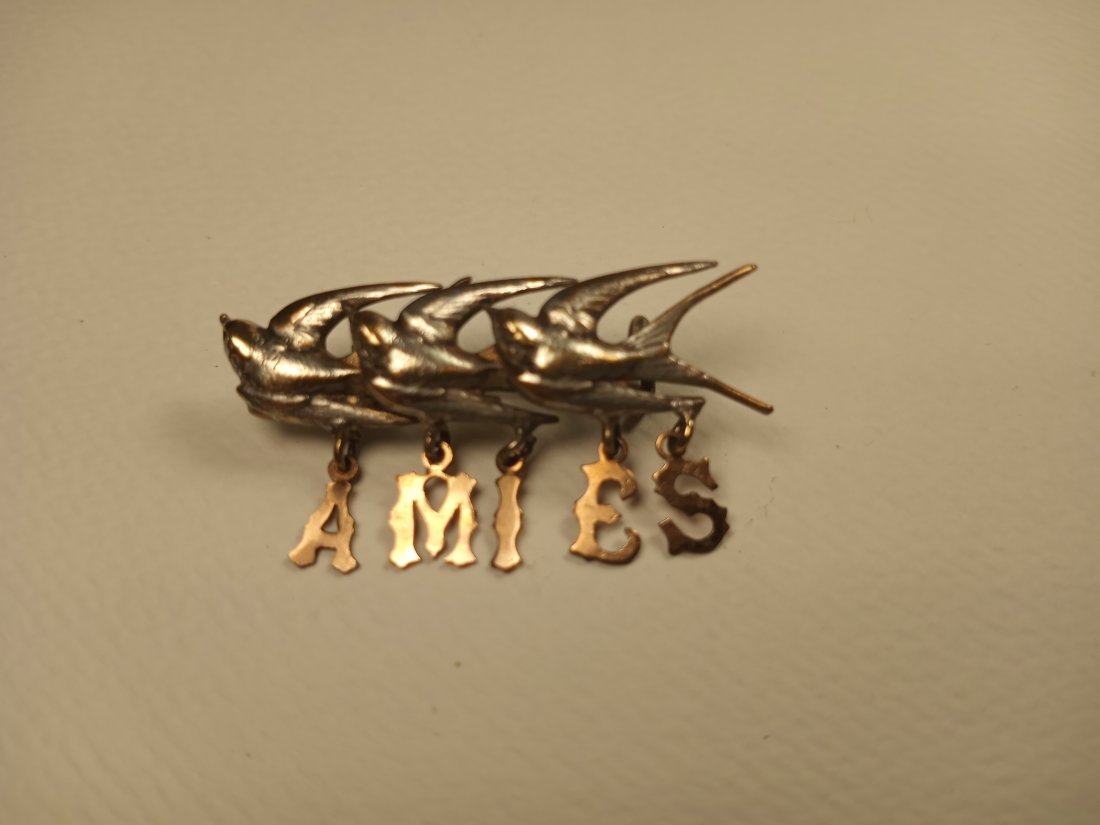 Beautiful French Antique Birds Pin 'Friends": Red gold plate letters. French silver brooch.