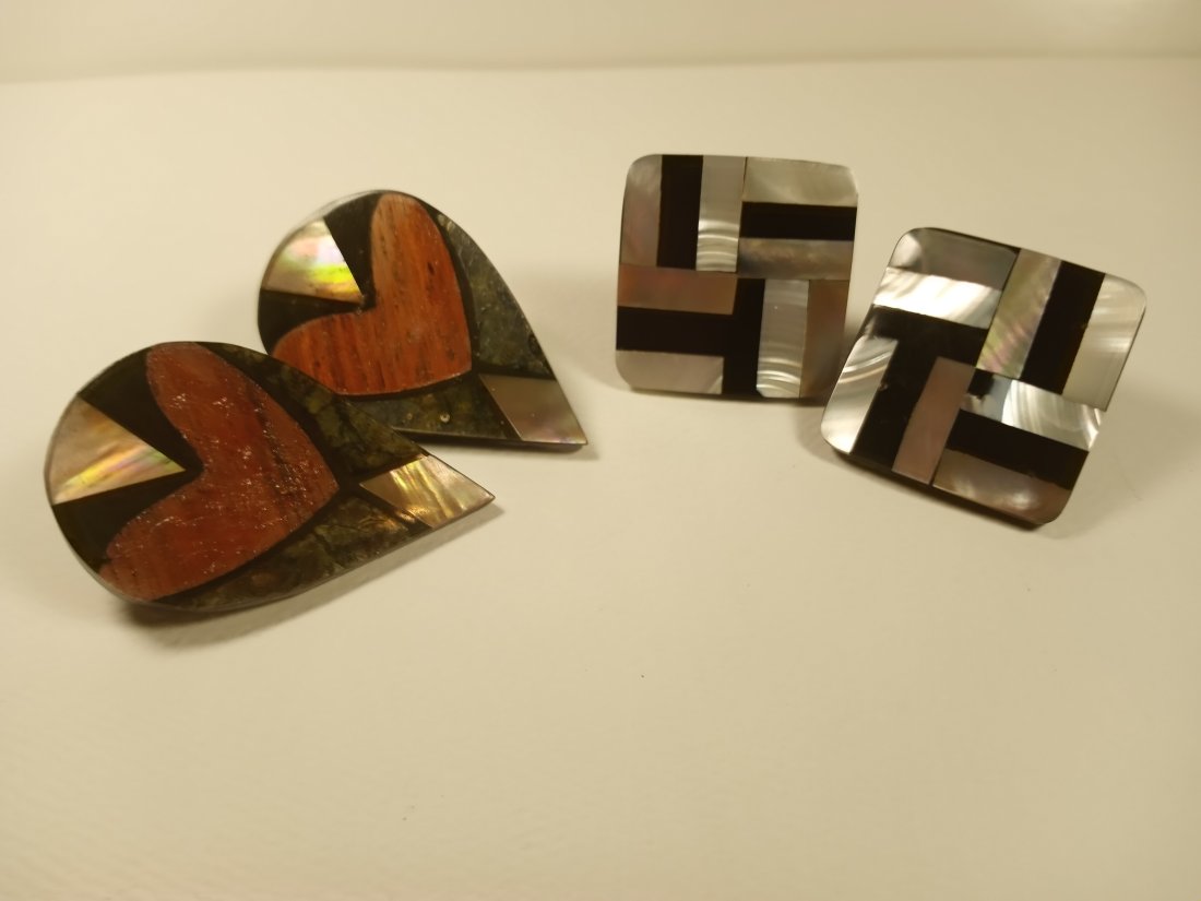 Two Pair Inlaid Wood and Shell Earrings (1 of 5)