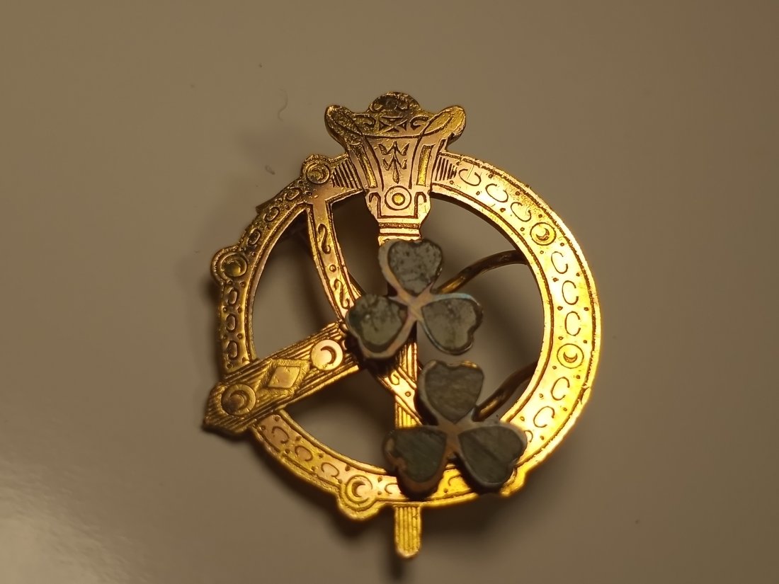 Scottish Antique Gold Plated Pin Thistle & Shamrock: Small Connemara marble stones. Really fine.