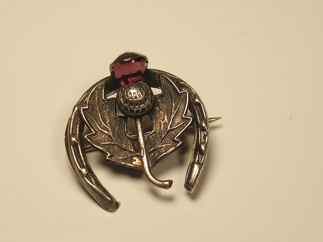 Antique Scottish Lucky Pin Thistle and Horseshoe: Marked sterling silver. Has an amethyst stone.