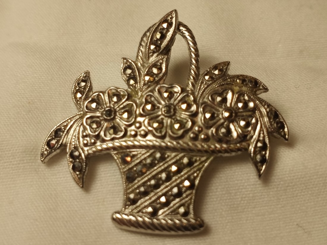 Vintage Sterling Silver Marcasite Pin Flower Basket: Marked Sterling. Good clasp.