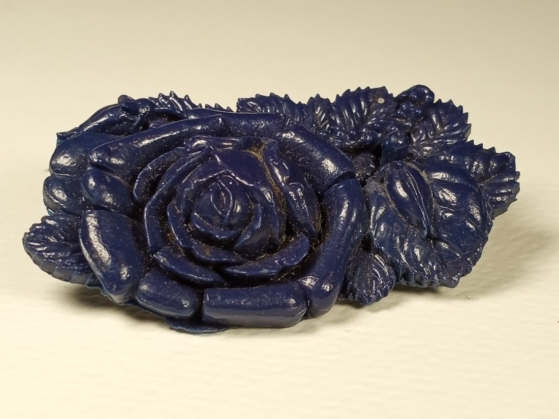 Vintage Prussian Blue Beauty Resin Floral Pin: Marked made in Japan. Early plastic jewelry.