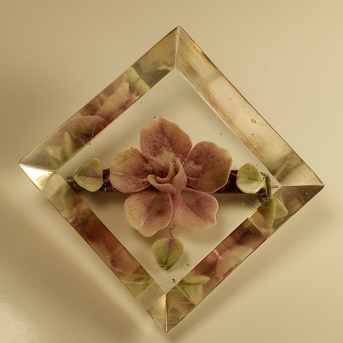 Fine Vintage Geometric Form Lucite Floral Brooch: Good condition. Circa 1950's piece.