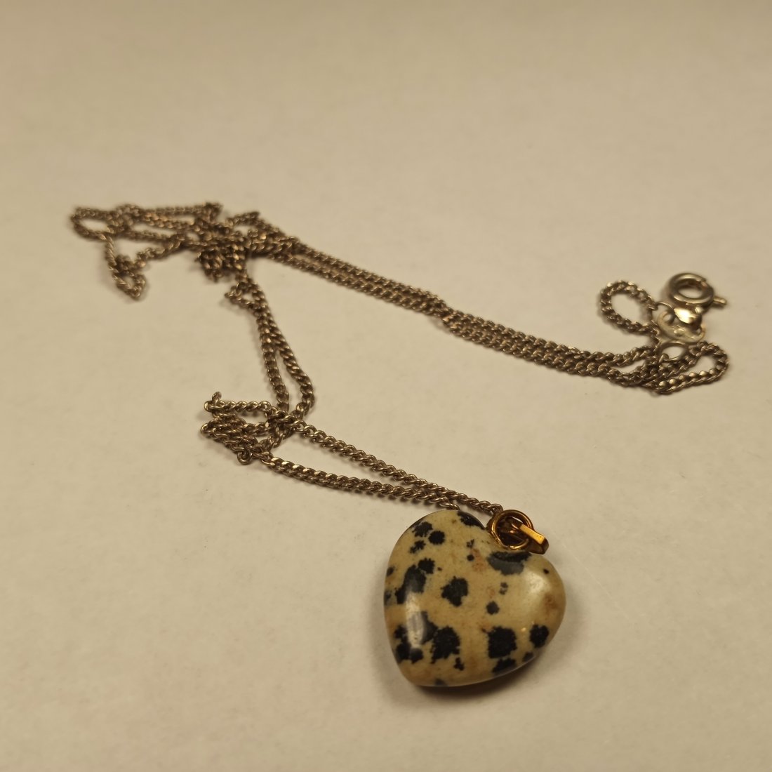 Unusual Pretty Heart Dalmation Jasper Stone Pendant Necklace: Cute enough. 18 inch chain.