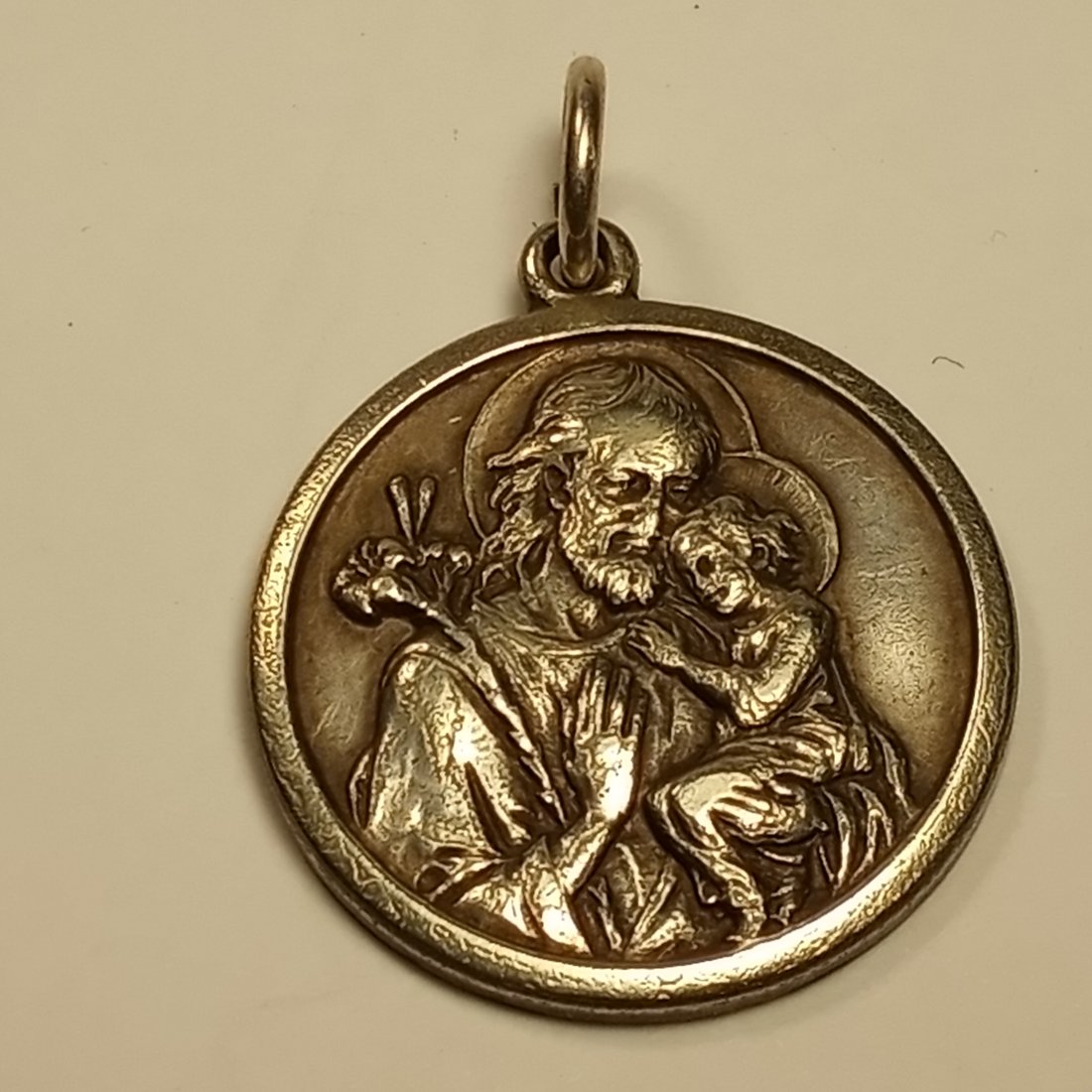 Antique Silver Joseph & Jesus Italian Necklace Pendant.: Very old. Silver marks on edge are barely visible. Very faint 'Italy' mark. Heavy silver. Larger than a quarter dollar.