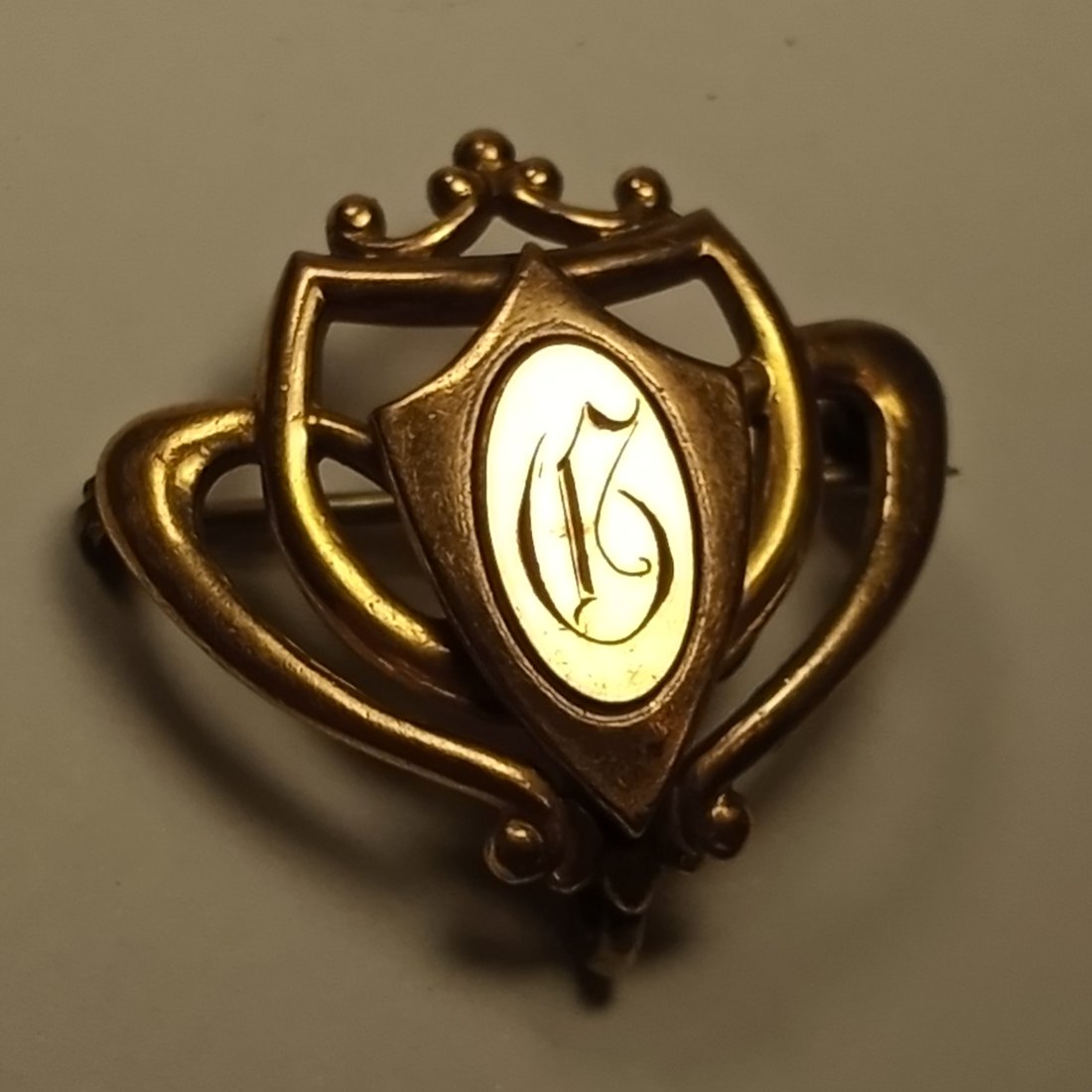 Petite Calligraphy Engraved Victorian Lavlier Pin: Pretty gold plated pin engraved C.