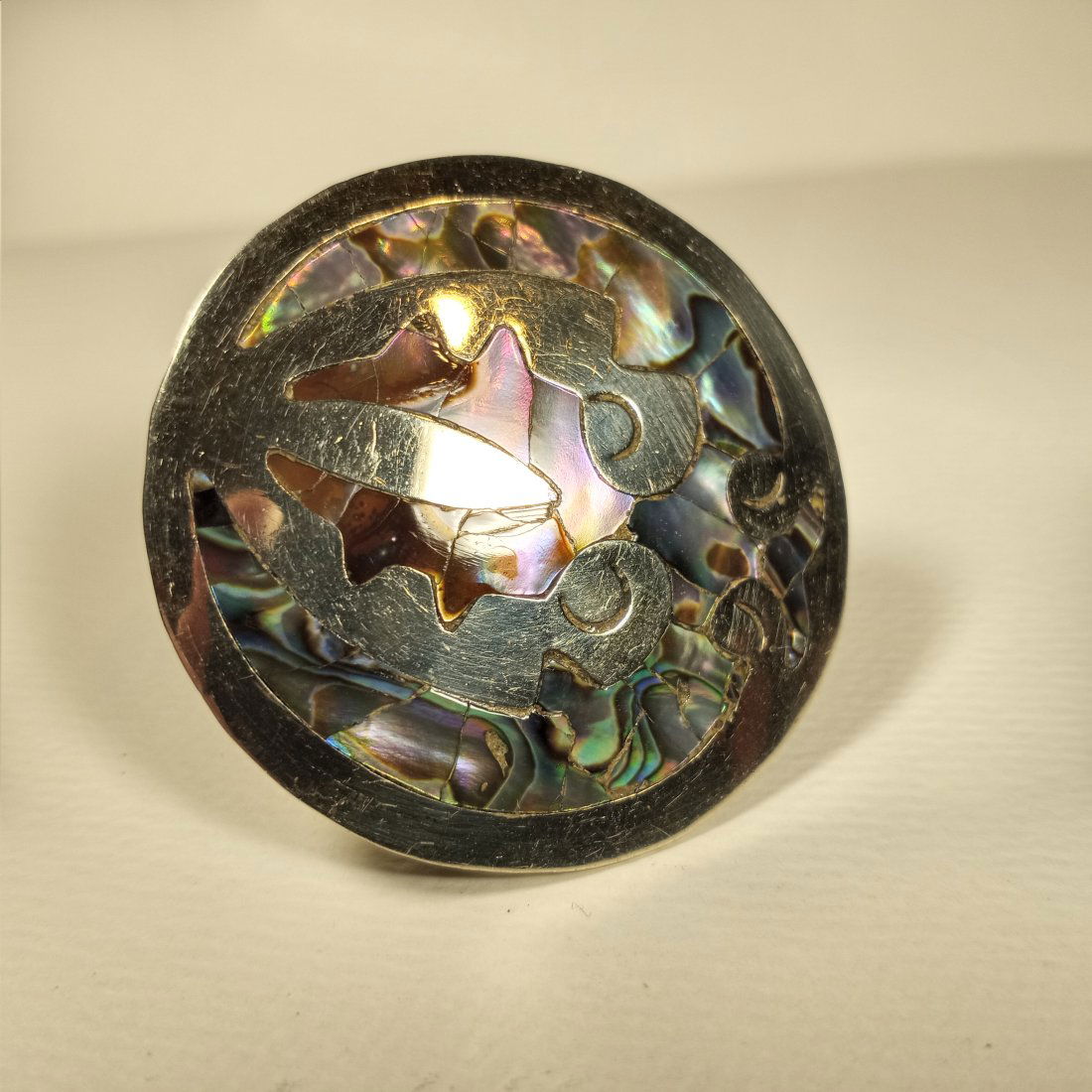 Vintage Mexican Alpaca Pendant / Brooch Inlaid Abalone Shell: Good condition. Can be worn as pendant or brooch.