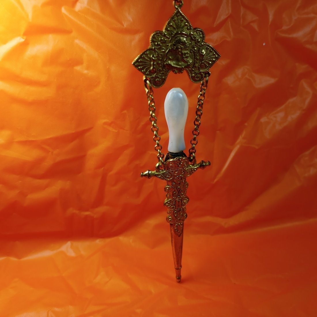 Elegant Very Vintage Fob Brooch w/ Dagger: Unique design. Quite formal. Dagger appears to have never been used. Sharp. Bet it'd shave a hair.