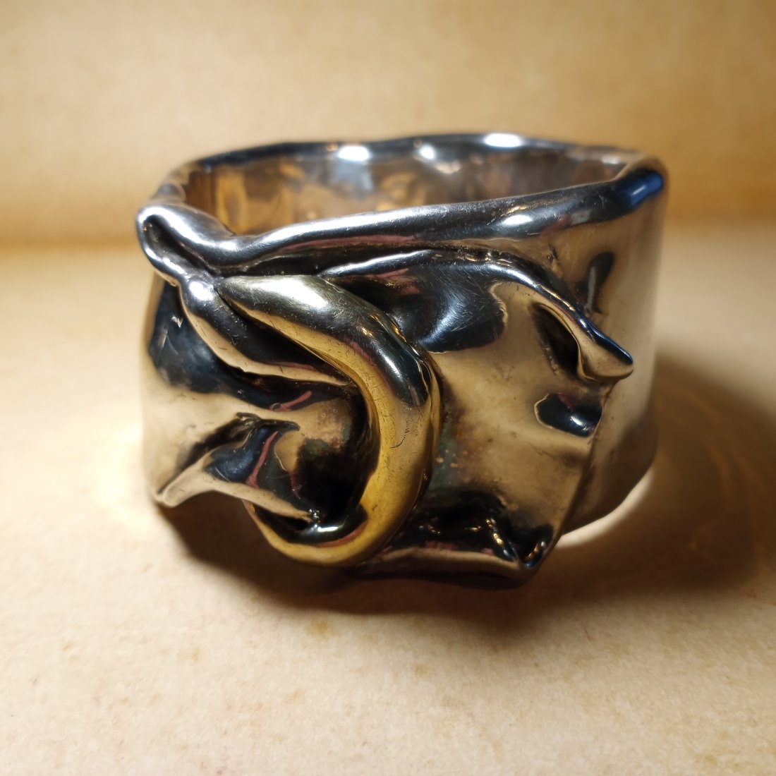 Large Modern Sterling Silver Cuff Bracelet Israel: Bracelet is nearly pure silver. Very crafty, heavy silver. Just under 8 inches interior circumference. Tagged Israel inside band. Weighs several ounces.