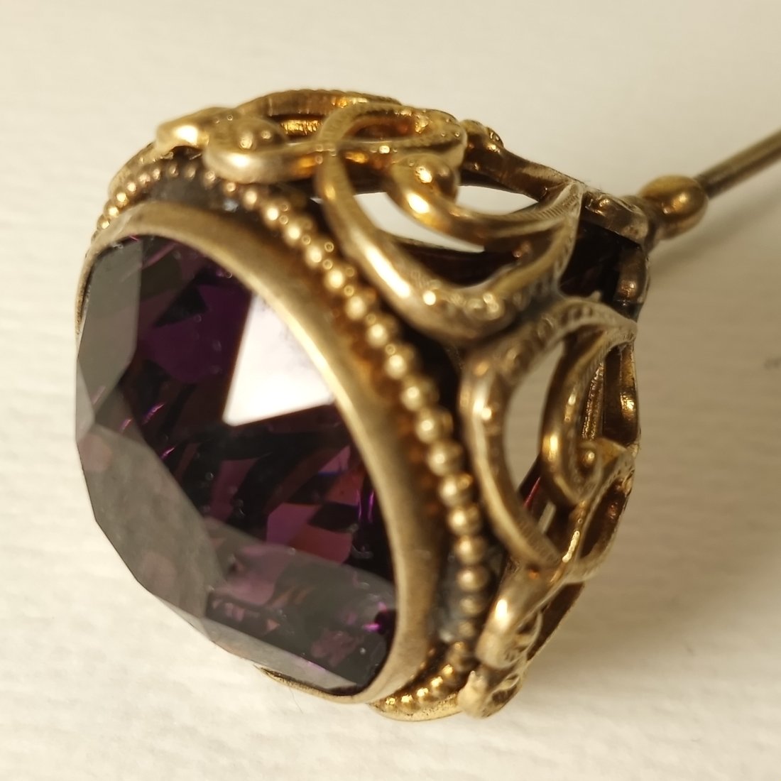 Beautiful Large Bohemian Glass Victorian Antique Hatpin: 10 1/2 inch, straight pin. Has a tiny chip on edge of stone.