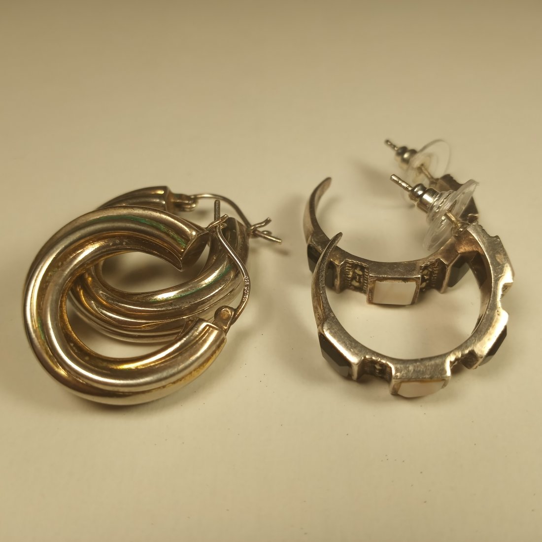 Two Pair Classy ca 1960 Sterling Silver Earrings: One pair has marcasite and stones.