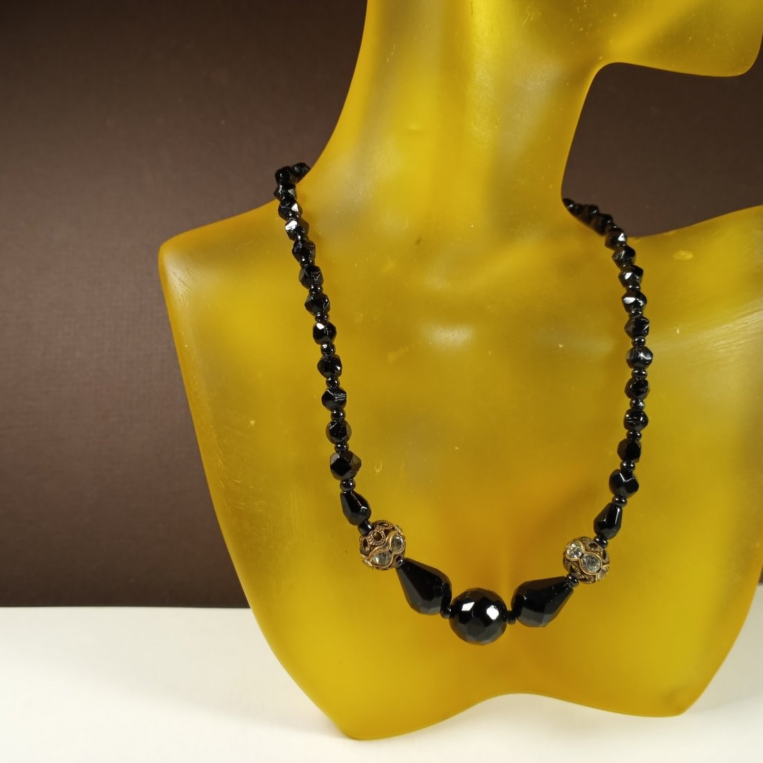 Pretty Antique Jet Choker Graduated Bead Necklace: Jet stone, not glass. Wire strung. All good. 13 to 15 1/2 inches adjustable.