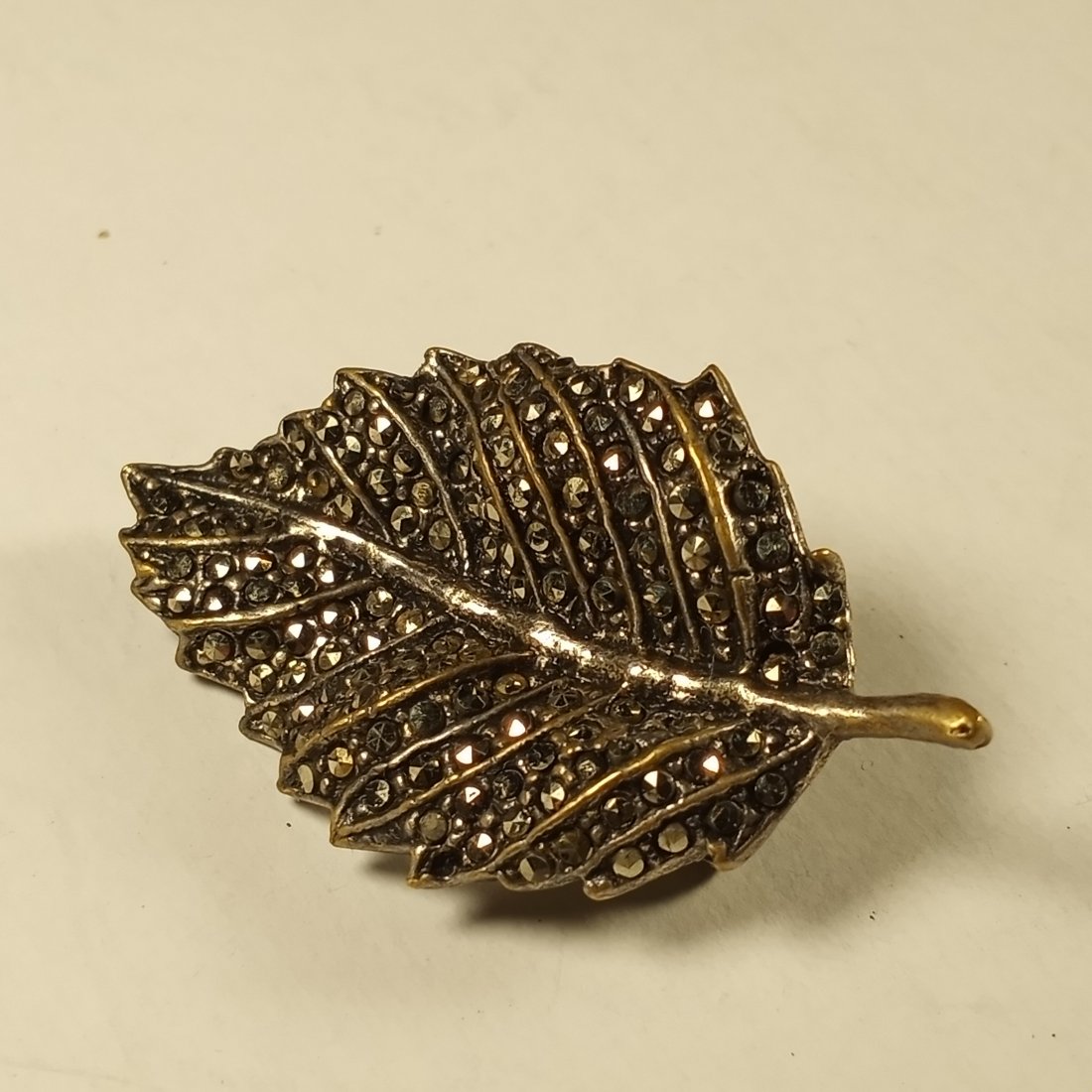 Pretty Vintage Silvergilt Bronze Leaf Form Brooch Marcasite (1 of 3)