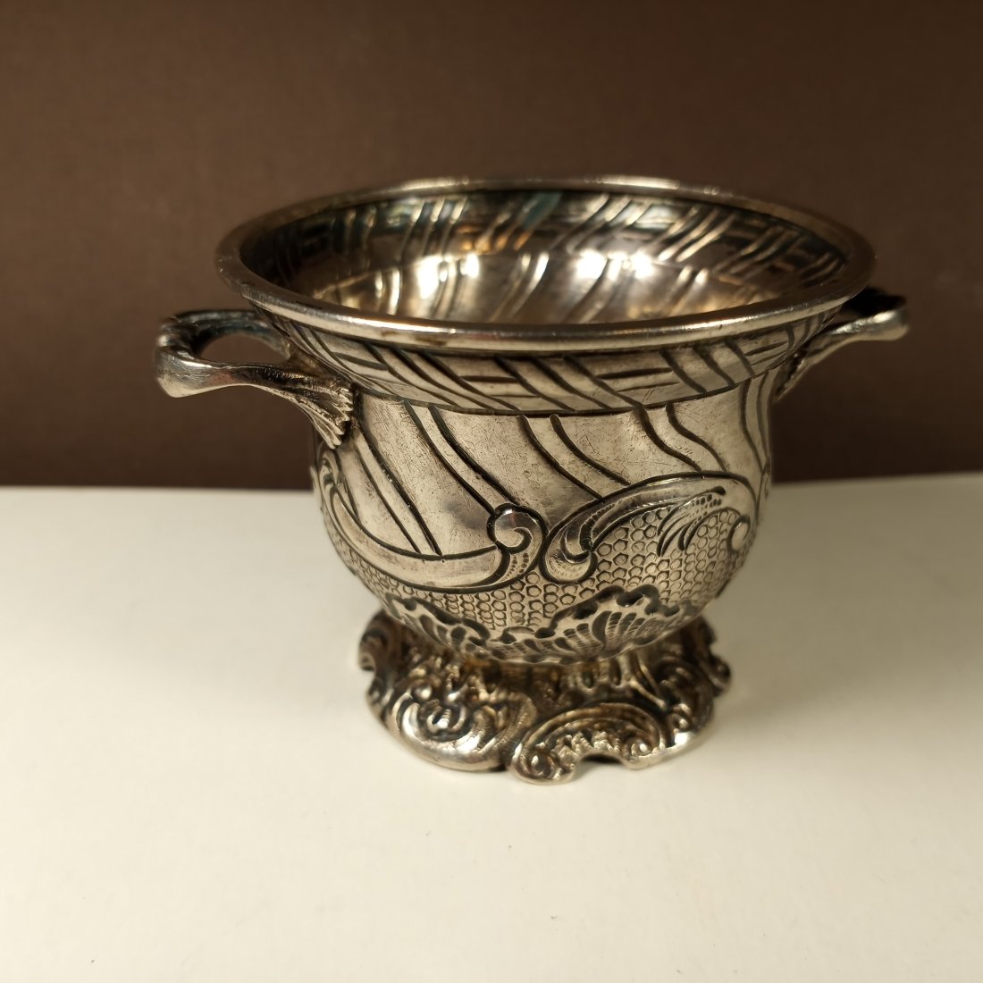 Rococo Antique Salt Cellar: Has some marks. Appears to be a silver plate. Attractive double handled vessel.