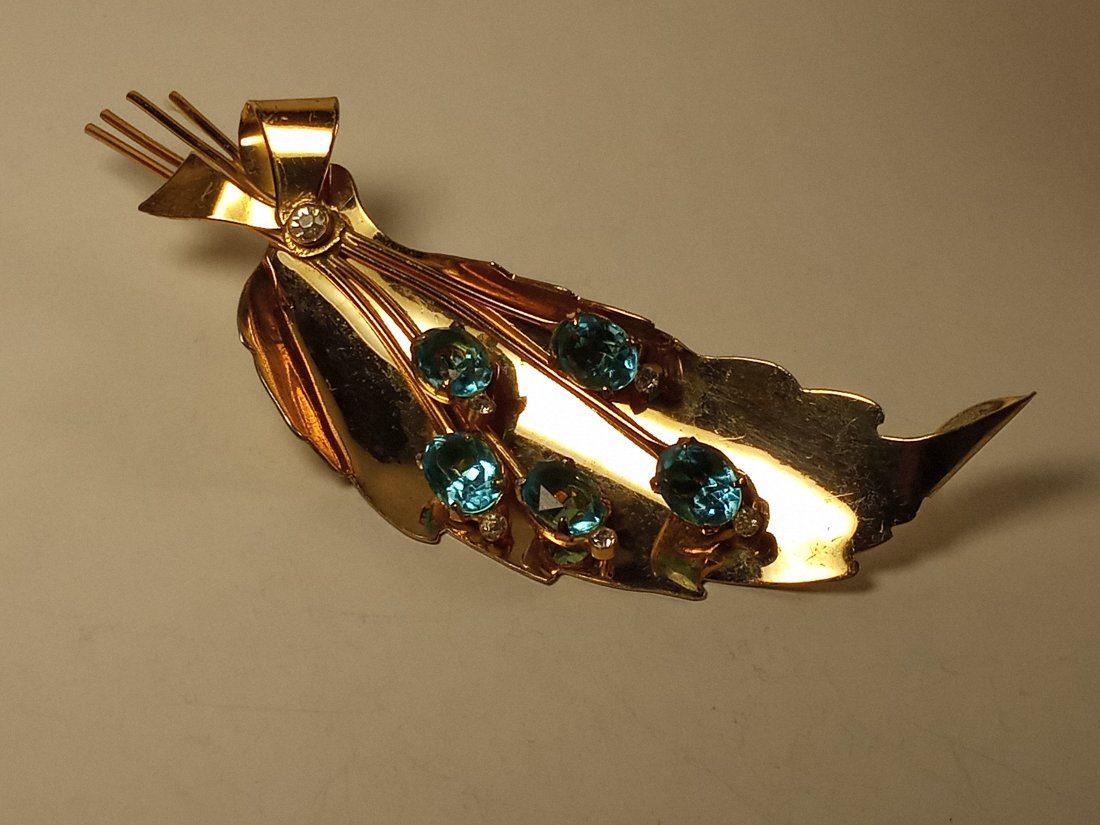 Beautiful Vintage Coro Sterling and 10K Gilt Brooch Pegasus Mark: Mark used from 1938-1955. Very fine paste stones all original.