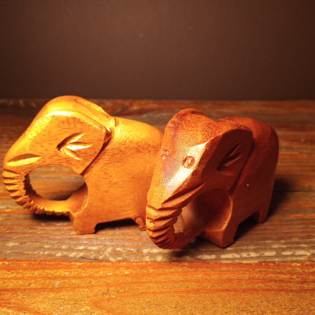 Vintage Pair Teak Wood Napkin Rings Holders Elephants: Solid. No chips cracks or repairs.