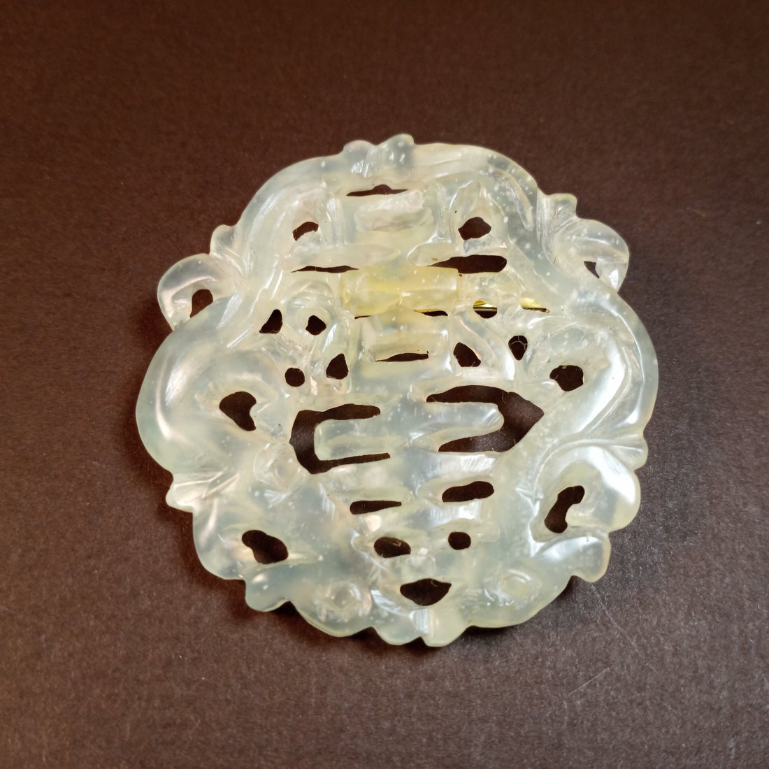 Pretty Incised Carved Jade Medallion Brooch (1 of 4)