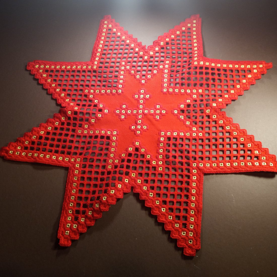 Vintage Hand Embroidery Holiday Doilies Hardanger Stitching Art Pieces: A pair of hand made Christmas table accessories. From a German estate in the Rheinland palatinate. Larger piece is 20 inches at widest dimension. Smaller one is 18 inches. The estate name and address