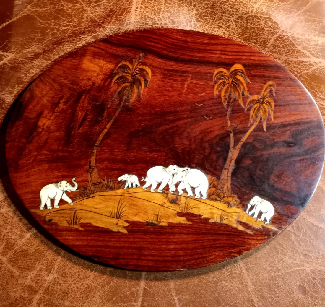 Antique Raj Rosewood Wall Plaque: Inlaid wood on a thick rosewood plaque. Inlaid elephants unknown substance but not bone or plastic.