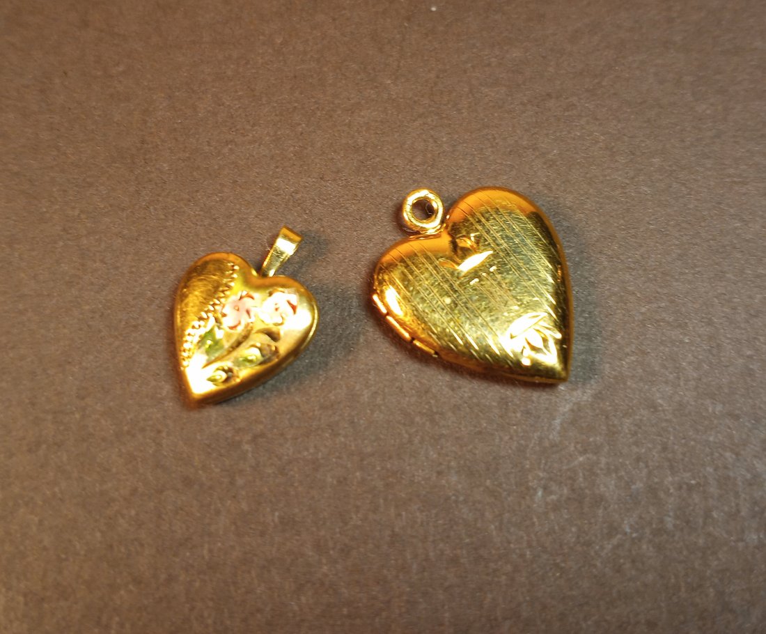 Pair Vintage Tiny Heart Locket Charm or Necklace Pendant: One is engraved with a 'W' initial.