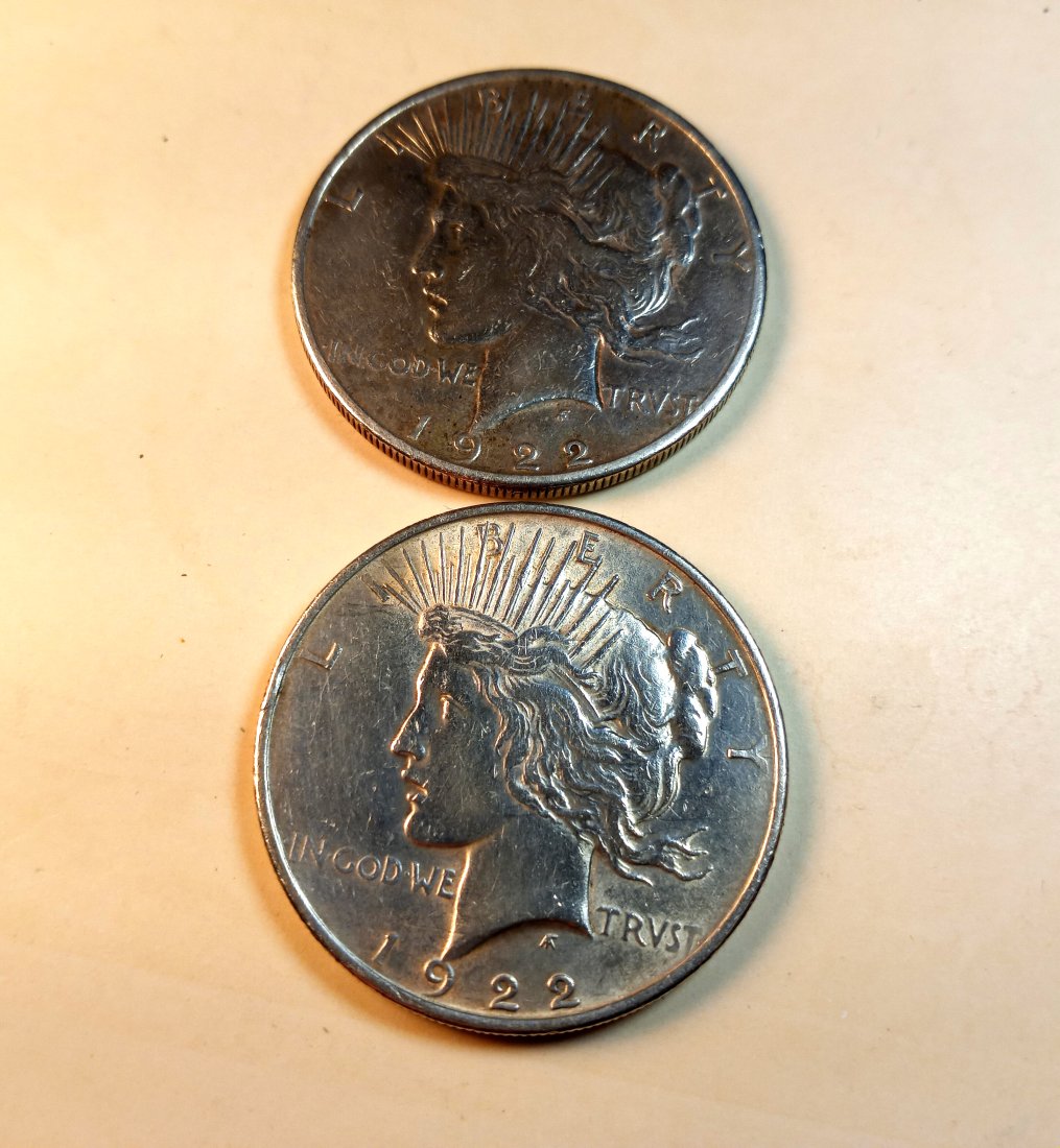 Pair 1922 Liberty Peace Silver Dollars One Fine (1 of 4)