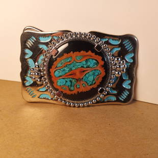 Outstanding Southwestern Chromed Buckle Inlaid Turquoise: Native American Style. Crushed turquoise medallion. It is not new. From the 1980's, never worn.